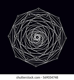 Black and white vector sketch of a tattoo geometry rose mandala with flower petals, square, polygon, point, circle. Vector image on white background.