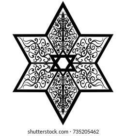 Black and white vector sketch of a tattoo the star of Solomon and the seal of David illustration