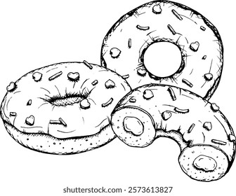 Black and white vector sketch of three donuts with icing and sprinkles in the shape of a heart. Perfect for Valentine's Day designs, bakery branding, holiday packaging, menus, dessert-themed projects