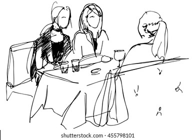 black and white vector sketch of the three girls at a table in a cafe pyut wine