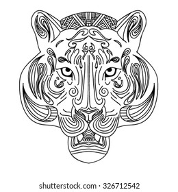 Black and white vector sketch of a tiger's face