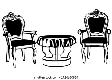 black and white vector sketch two vintage chairs with armrests and a round table
