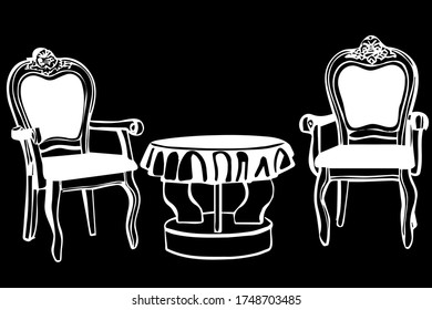 black and white vector sketch two vintage chairs with armrests and a round table