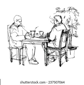 black and white vector sketch of two friends in a cafe at a table drinking tea coffee