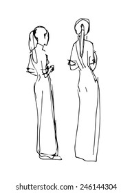 black and white vector sketch of two women in long evening dress