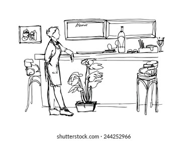 black and white vector sketch of a woman in an apron at the bar