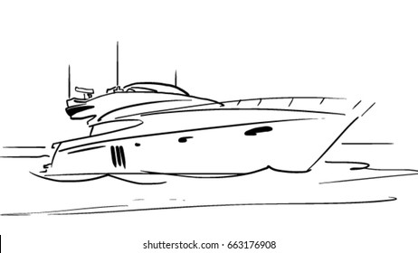 Black and white vector sketch of the yacht on the water. Simple drawing at white background.