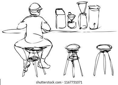 
black and white vector sketch of a young man on a stool at the bar counter