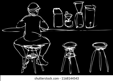 
black and white vector sketch of a young man on a stool at the bar counter