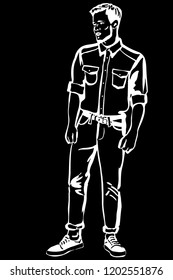 black and white vector sketch of a young man with a beard in moccasins