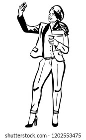 black and white vector sketch young woman making selfie by phone
