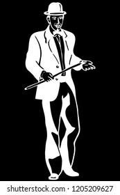 black and white vector sketch of a young man in a bowler hat and cane