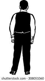 black and white vector sketch of a young man in a vest back to us