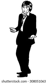 black and white vector sketch of a young man in a jacket asks