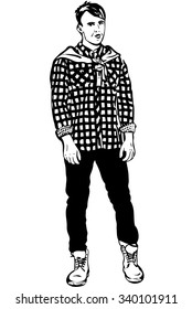 black and white vector sketch of a young man in a plaid shirt