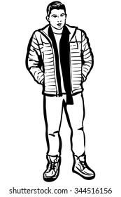 black and white vector sketch of a young man in a jacket and a scarf
