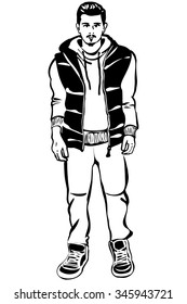 black and white vector sketch of a young man with a beard in a down vest