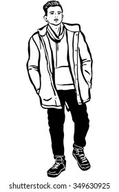 black and white vector sketch of a young man in a jacket