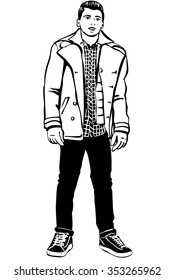 black and white vector sketch of a young handsome man with jacket