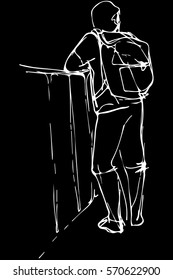 black and white vector sketch of a young man tourist with a backpack leaning on the parapet