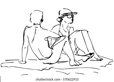 black and white vector sketch of a young man next to the woman on the beach sitting on a mat