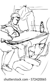 black and white vector sketch of a young man sleeping on a table by the window in the train locomotive