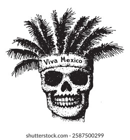 black and white vector of a skull wearing a feathered headdress with the inscription “Viva Mexico.” vintage-style hand-drawn illustration, perfect for Mexican culture and Dia de los Muertos designs