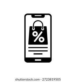 smartphone vetor preto e branco com ícone de saco de compras e sinal de porcentagem para descontos de loja on-line e promoções de venda móvel