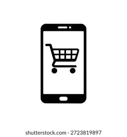 Smartphone de Vector en blanco y negro con icono de Carrito de compras, ventas de tiendas móviles y concepto de compras de descuento en línea