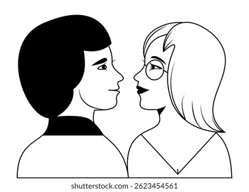 Black and white vector of a smiling couple face to face.