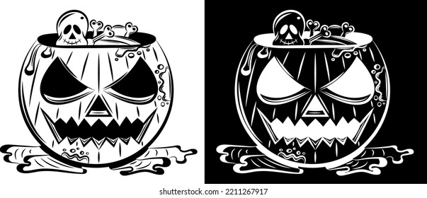Black and white vector of smiling pumpkin, carrying bones and with blood