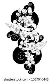 black and white vector Snake with cherry blossom and cloud background.Hibiscus flower with Sakura flower among snake tattoo.doodle and beautiful line art snake Japanese style.