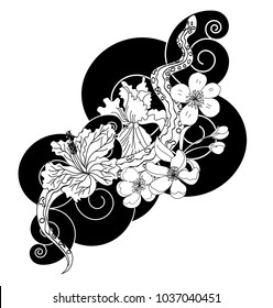 black and white vector Snake with cherry blossom and cloud background.Hibiscus flower with Sakura flower among snake tattoo.doodle and beautiful line art snake Japanese style.