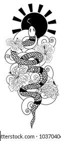 black and white vector Snake with cherry blossom and cloud background.Hibiscus flower with Sakura flower among snake tattoo.doodle and beautiful line art snake Japanese style.