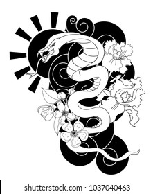 black and white vector Snake with cherry blossom and cloud background.Hibiscus flower with Sakura flower among snake tattoo.doodle and beautiful line art snake Japanese style.