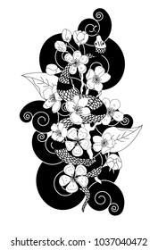 black and white vector Snake with cherry blossom and cloud background.Hibiscus flower with Sakura flower among snake tattoo.doodle and beautiful line art snake Japanese style.