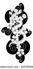 black and white vector Snake with cherry blossom and cloud background.Hibiscus flower with Sakura flower among snake tattoo.doodle and beautiful line art snake Japanese style.