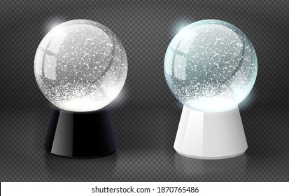 Black and white vector snow globe empty template isolated on transparent background. Christmas magic ball. Clear glass ball dome glossy color stand. Winter holiday crystal, snow inside. Xmas toy