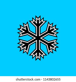Black and white vector snowflake icon on blue background.