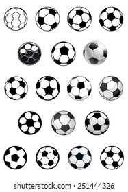 Black and white vector soccer balls or footballs isolated on white background for heraldic or sporting emblems design