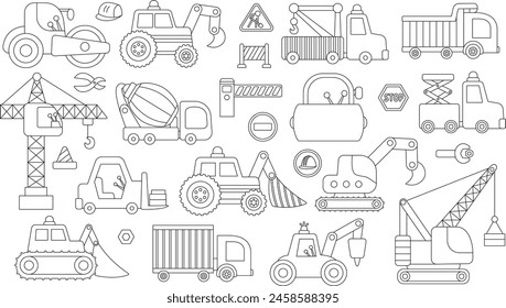 Juego de transporte especial de Vector blanco y negro. Sitio de construcción, obras viales, construcción de iconos de línea de transporte con bulldozer, tractor, camión, grúa. Servicio de reparación lindo vehículos para colorear página