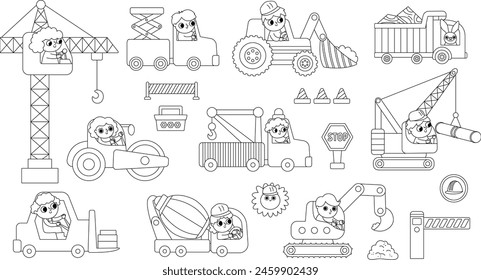 Juego de transporte especial de Vector blanco y negro con conductores. Sitio de construcción, trabajo en carretera, iconos de la línea de transporte, página para colorear con bulldozer, tractor, camión, grúa. Reparación de vehículos de servicio
