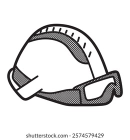 black and white vector, standard safety helmet facing right with eye protector