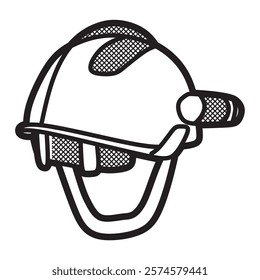 black and white vector, standard safety helmet facing back with flashlight