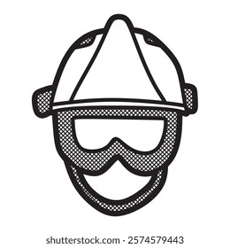 black and white vector, standard safety helmet facing front with eye protection