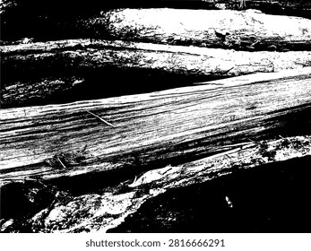 Black and white vector stencil illustration of stacked firewood logs texture. High contrast grunge silhouette of wood grain and rustic timber surface background for outdoor design.