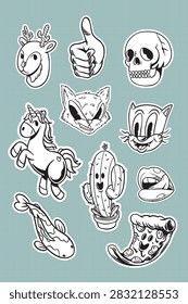 Black and white vector sticker set with playful cartoon skull, unicorn, cat, deer, cactus, fish and pizza doodles on a teal background.