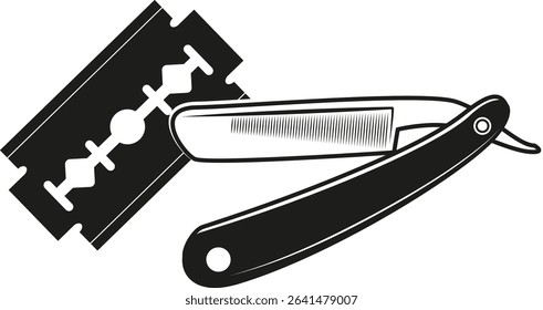 Black and White Vector of Straight Razor and Razor Blade – Vintage Shaving Tool Icon Set