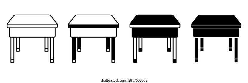 Black and white vector style icons of classroom student desks representing school seating and furniture