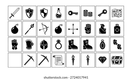 Ilustración de conjunto de iconos de juego de fantasía y RPG de estilo Vector en blanco y negro en una cuadrícula ordenada.